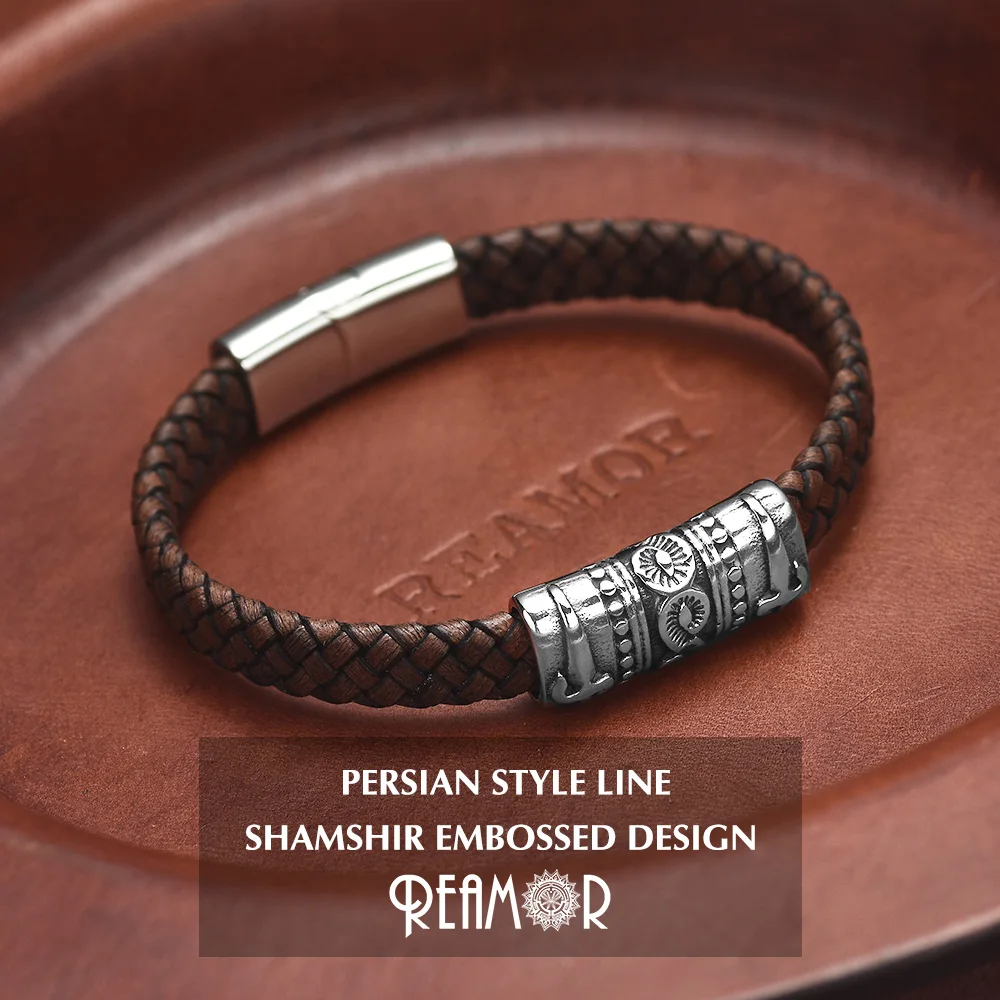 REAMOR Luxury Zircon Persian Courage Sword Knot Spiral Stainless Steel Magnetic Clasp Brown Cowhide Leather Men Women Bracelets