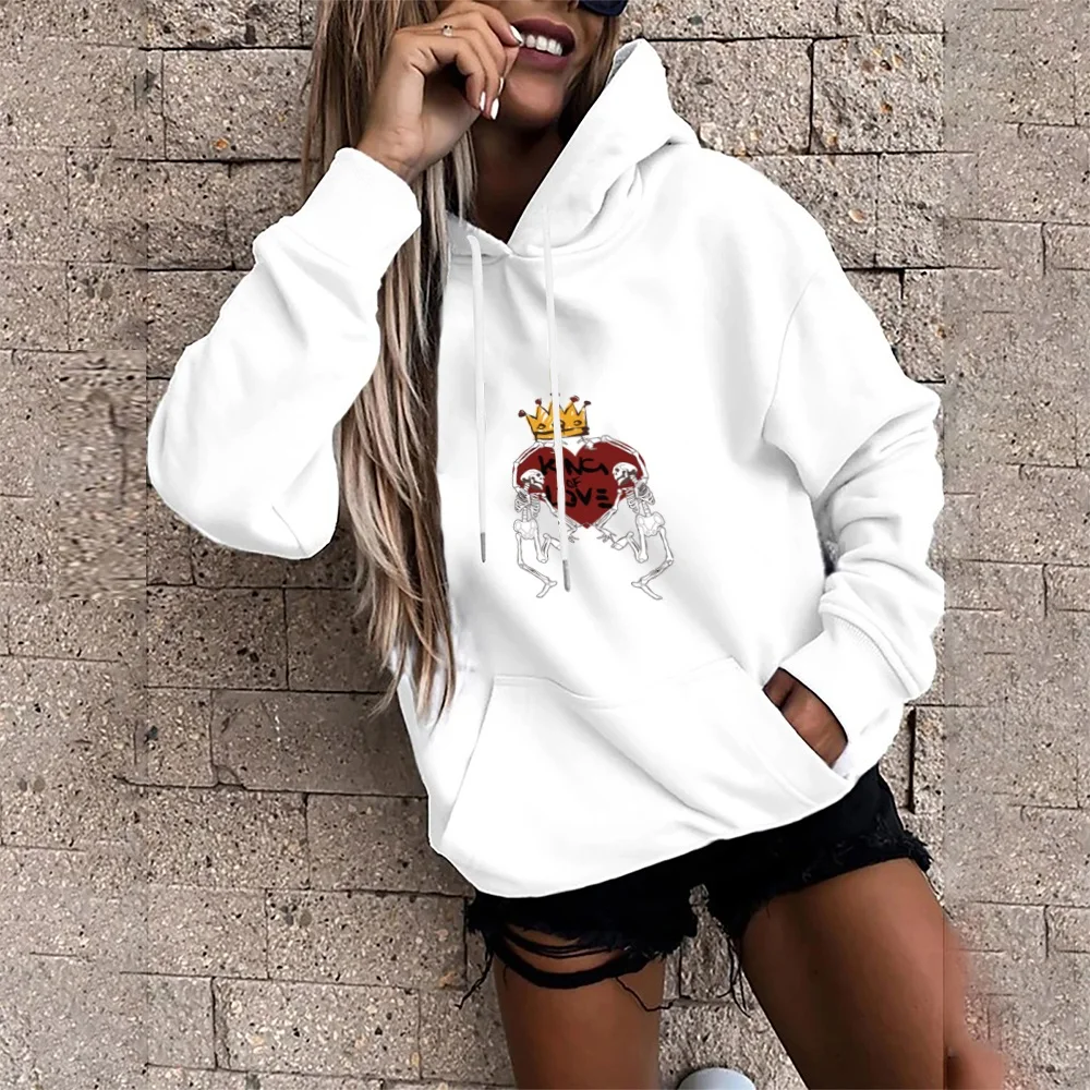 Sweat à capuche à manches longues pour femmes, surdimensionné, poche de sport, pull Harajuku drôle, couronne de crâne, amour imprimé, hauts décontractés pour filles