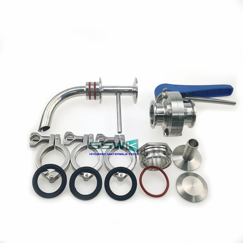 Racking Port Kit-Racking Elbow Arm,1.5 "Tri Clamp,ปะเก็น EPDM,วาล์วผีเสื้อ,ท่อ Barb ท่อ,Weldless Bulkhead,End Cap,O-แหวน