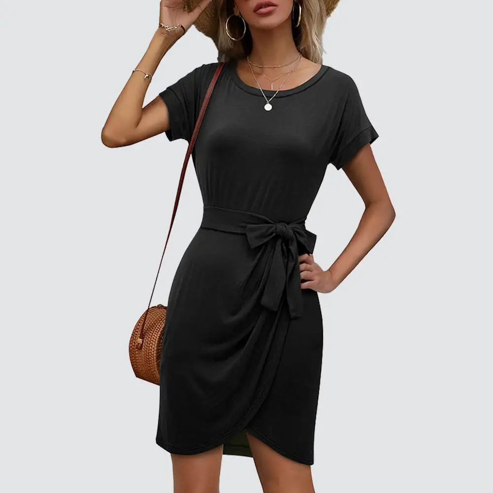 Summer Women Classy Pure Color with Scoop Neck Casual Lace Up Slim Day Dress HB670