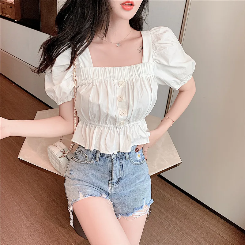 Delle donne di Estate Casual Piazza Collo Crop Top di Breve Camicia del Manicotto di Soffio Magliette E Camicette Button Increspature Giallo Bianco Coreano di Modo di Abbigliamento Camicetta