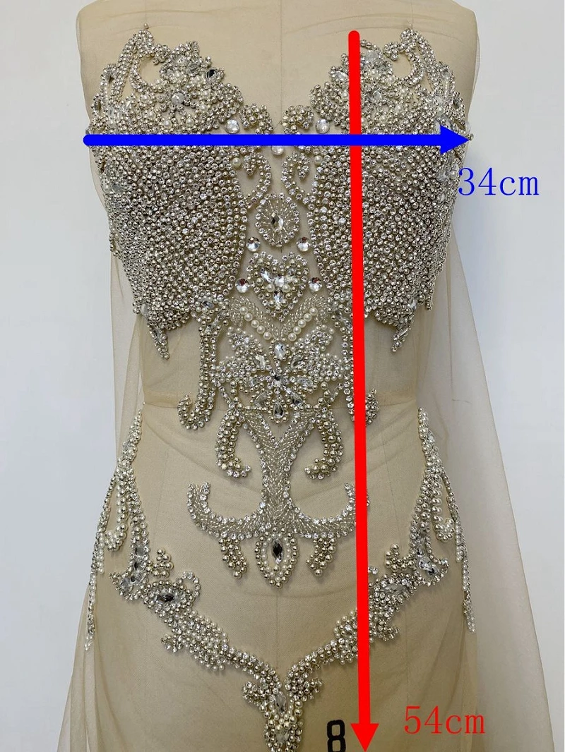 1Piece Rhinestone Bead Applique Crystal Bodice Patches Heavy Beads Handmade Bodice Patch for Wedding Party