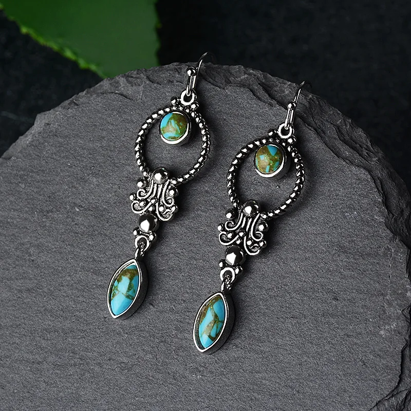 JoiasHome 925 Sterling Silver Earrings Vintage Thai Silver Ethnic Style Inlaid Turquoise Long Earrings Women Wedding Gifts