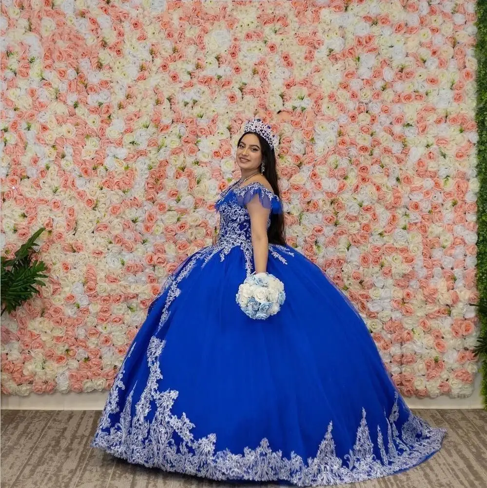 Królewskie niebieskie sukienki Quinceanera aplikacje koronkowe na 16 lat Girl Party suknia balowa Sexy V Neck formalne suknie debiutanckie sukienka urodzinowa