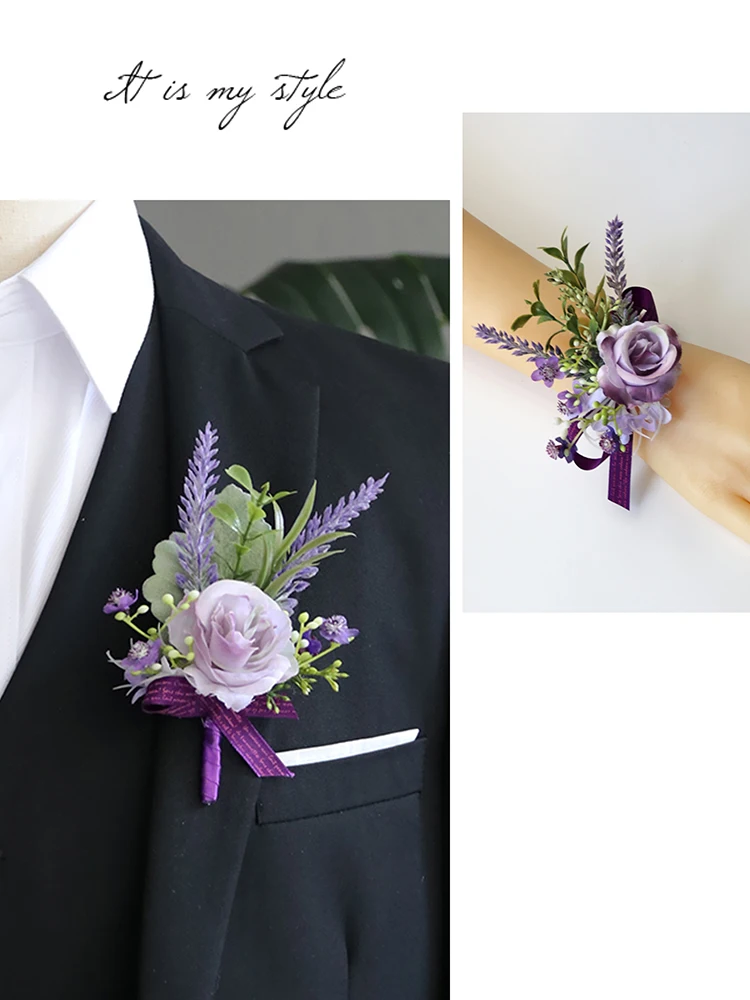 GT Corsages de seda para decoración de boda, ramillete de muñeca rosa, alfiler, flores púrpuras para invitados