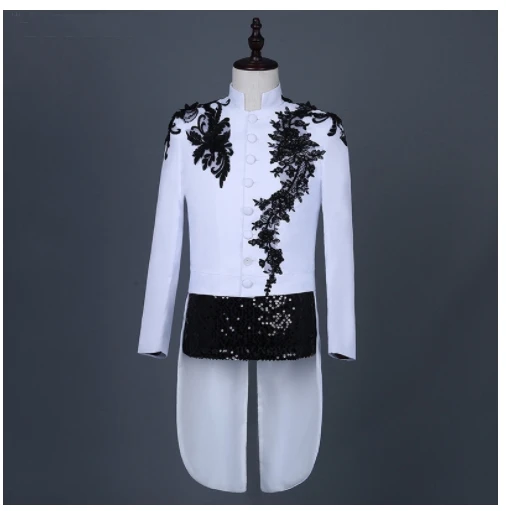 

2020 New Men's Stand Collar Embroidery Swallowtail Stage Male Singer Chorus Host Magician Sequins Tailcoat Stage Costume Coat