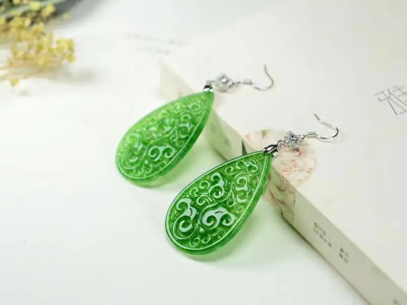 Natural hollow handcarved green jade earrings with 925 sterling silver 925 earrings jewelry earrings for women earrings