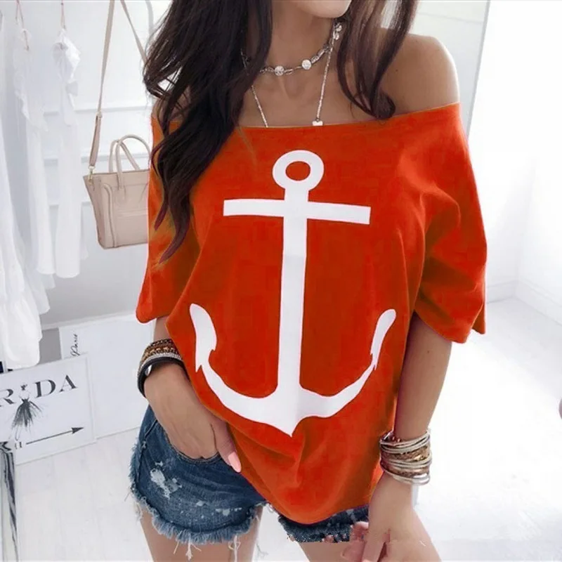 Boat Anchor Print Summer T Shirt Sexy Off Shoulder Half Sleeve Women\'s Casual Loose T-shirt White Red Plus Size S-5XL Tees Tops