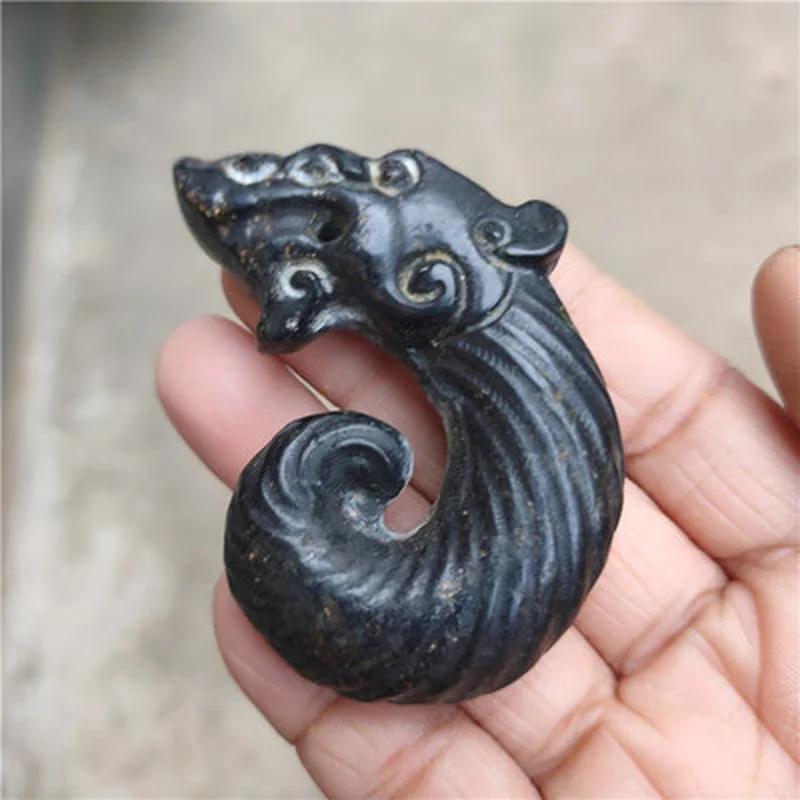 

Chinese old hongshan Culture jade Meteorite carved Dragon Pendant statue