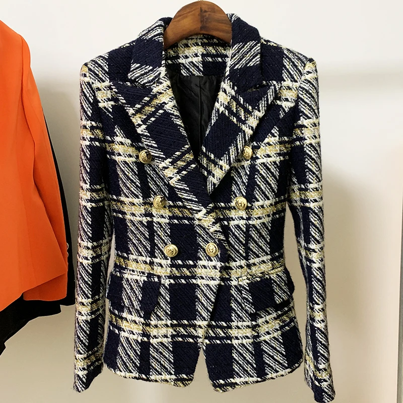 Chaqueta de Tweed de lana a cuadros para mujer, Blazer ajustado con botones de León, doble botonadura, de alta calidad, a la moda, 2024