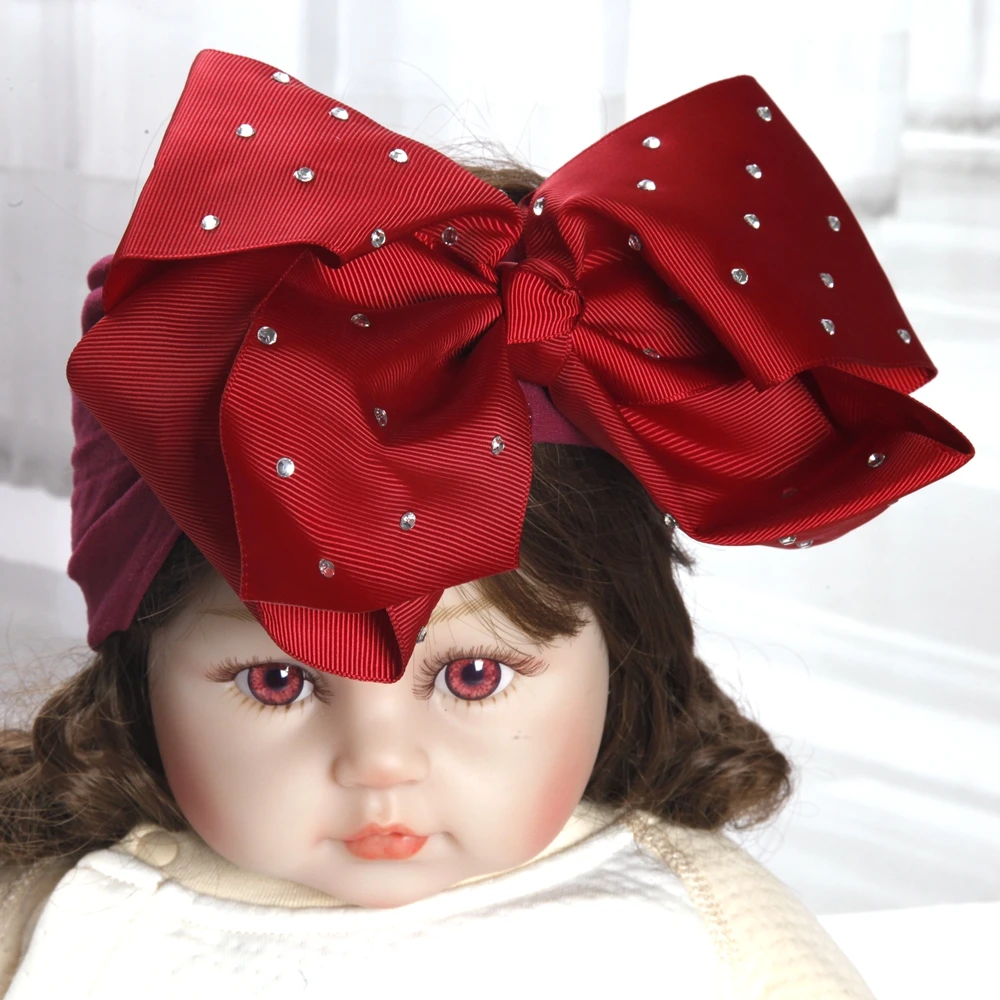 8inch bows Rhinestone Nylon Headbands Baby Girls Kids Soft Bows Knot Turban Hair Bands Baby Hair Accessories Children Headwear