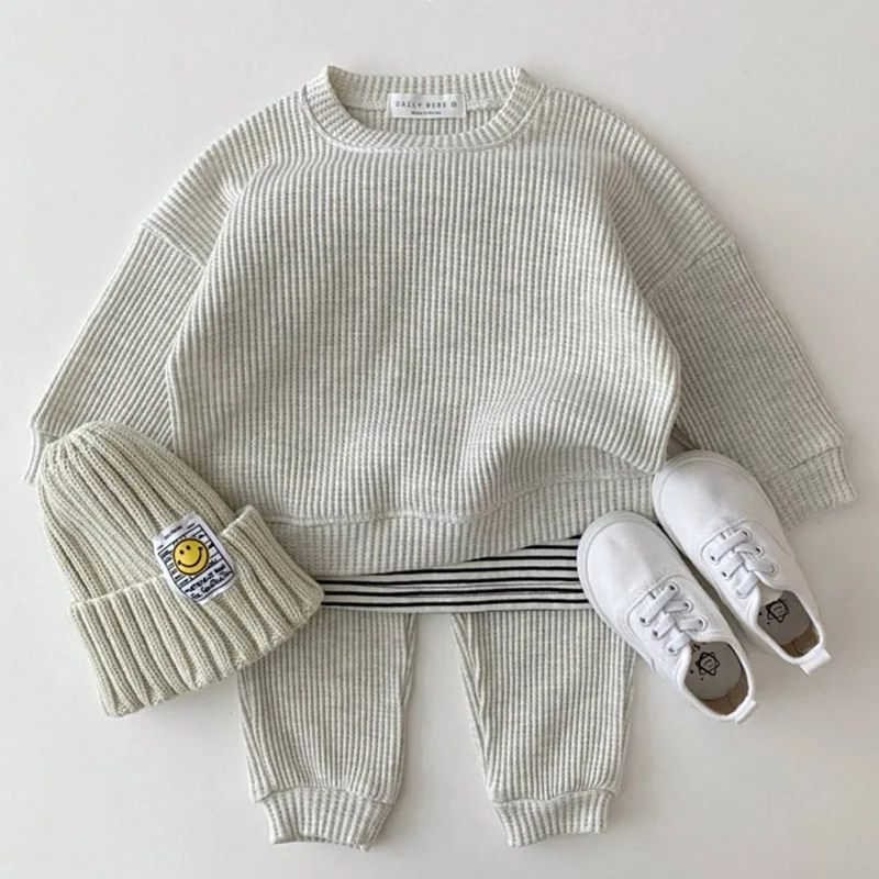 Korean Baby Cotton Kintting Clothing Sets Kids Boys Girls Spring Autumn Loose Tracksuit Pullovers Tops+Pants 2PCS Sets Clothes