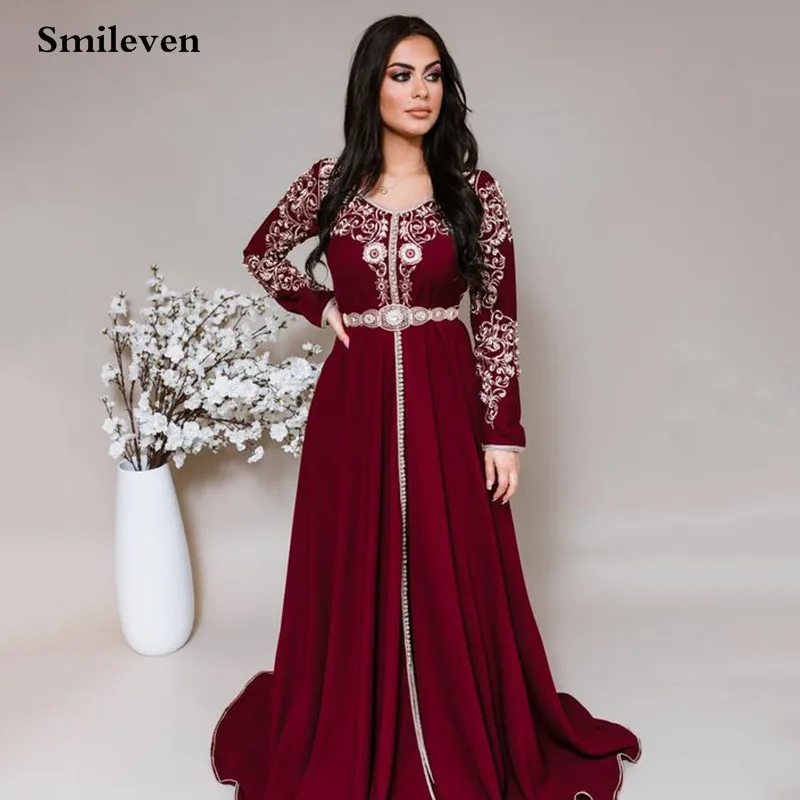 Smileven-Vestidos de Noche de caftán marroquí, traje de flores 3D con cuello en V, vestido de fiesta de graduación de Dubai, vestido de noche Formal de manga larga de terciopelo