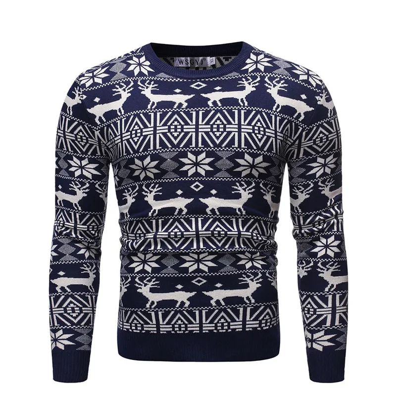 Christmas Men\'s O-Neck Cotton Pullover Warm Print Elk Autumn Slim Long Sleeve Clothes Knitted Casual Men Sweater Ugly Pull Homme