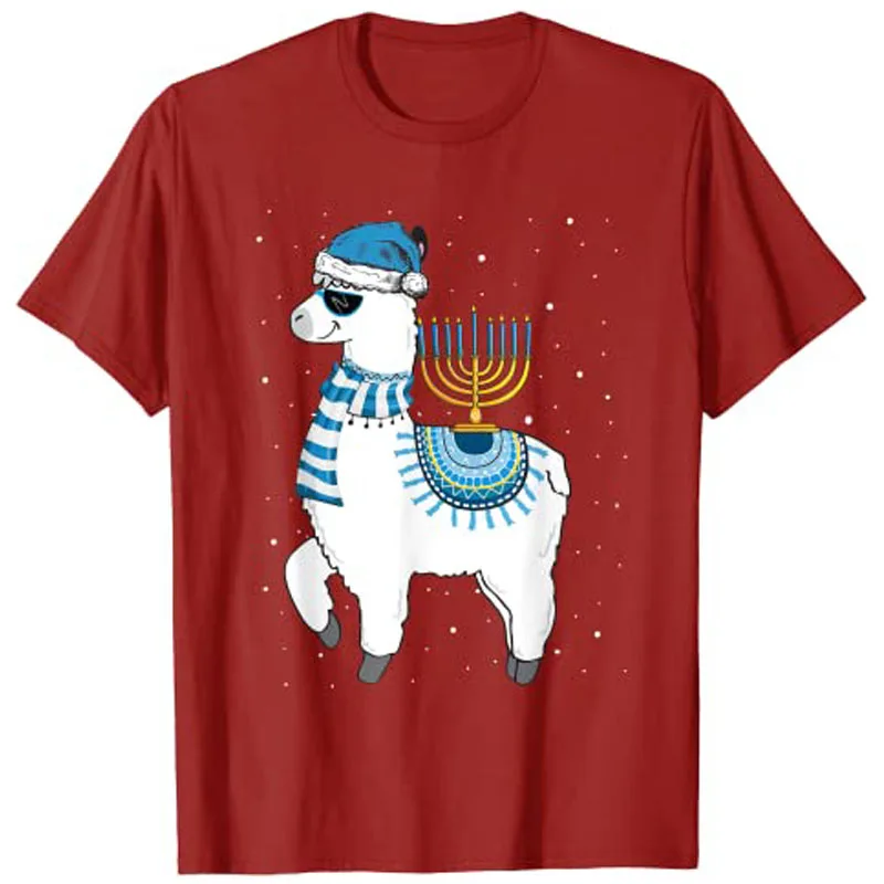 Menorah Hanukkah Llama Cute Alpaca Chanukah Christmas Pajama T-Shirt Graphic Tee Tops