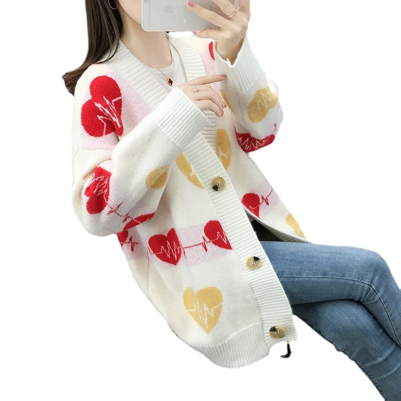 

Korean Style Fashion Cardigan Retro Knitted Cardigan Love Print All-match Sweater Jacket Women Clothing 2021 Autumn Winter