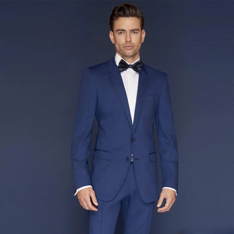 Navy Blue Slim Fit Tuxedos 2 ชิ้นNotched Lapelเจ้าบ่าวสวมใส่Custom Madeธุรกิจผู้ชายพรหมBlazerกางเกง