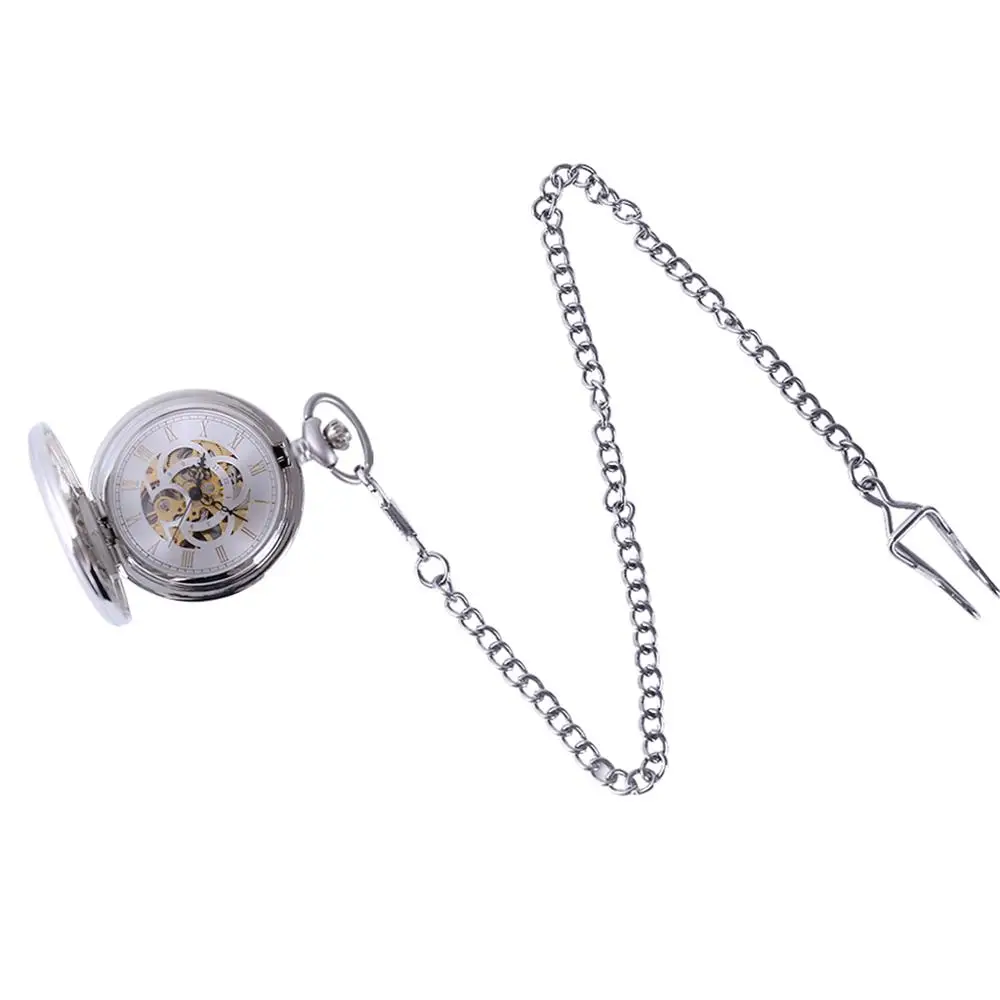 8946Low-key luxury silver two-sided open cover smooth Roman surface pocket watch with necklace