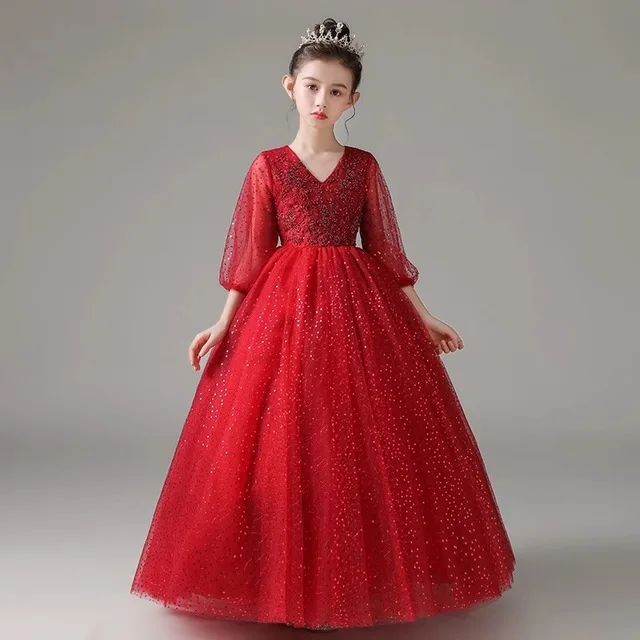 Vestido princesa de lantejoulas para meninas, vestido de baile longo para bebê, vestido de baile floral para casamento, elegante fantasia fofa para primeira comunhão, 2024