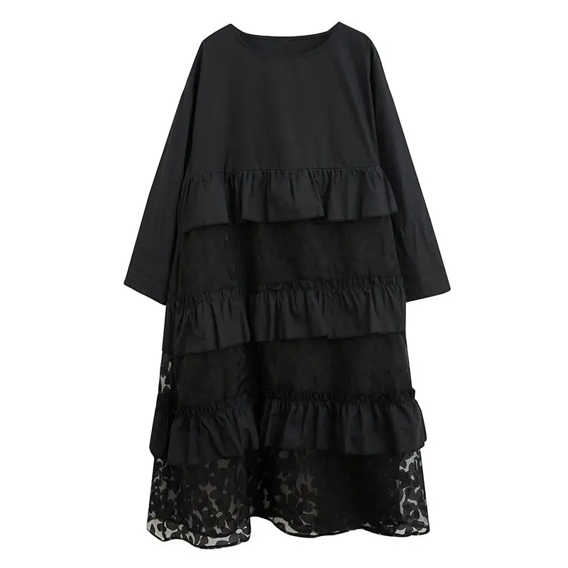 Large Fall Clothes For Women Loose Long Dress Mesh Splicing Temperament Cake Dress Casual Black Full Sleeve Robes M774