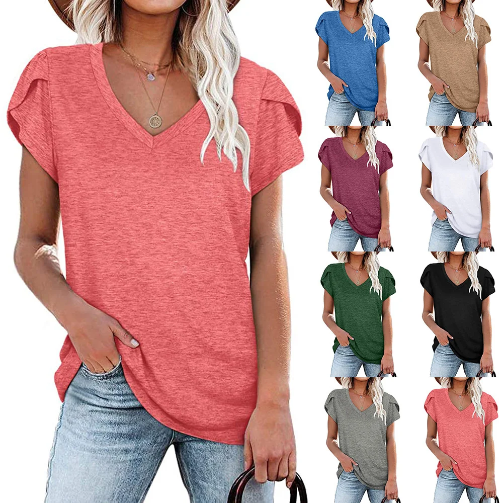 2021 Summer New Women's Solid Color V-Neck petal Short Sleeve T-Shirt Ladies Fashion Casual Loose streetwear Tee shirt Tops