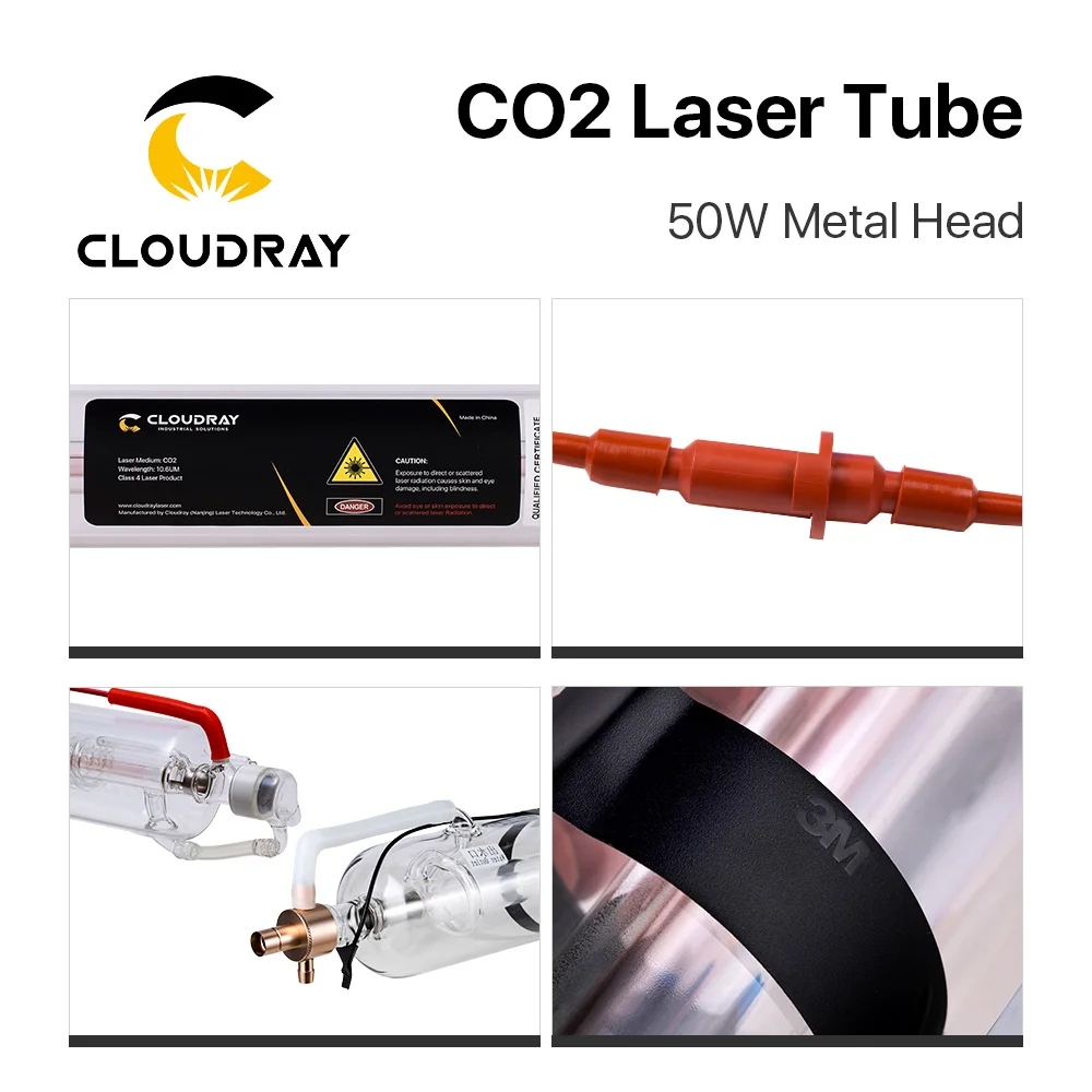 Cloudray Upgraded CO2 laser tube Metal Head 1000MM 50W Dia.50 Glass Pipe Lamp for CO2 Laser Engraving Cutting Machine