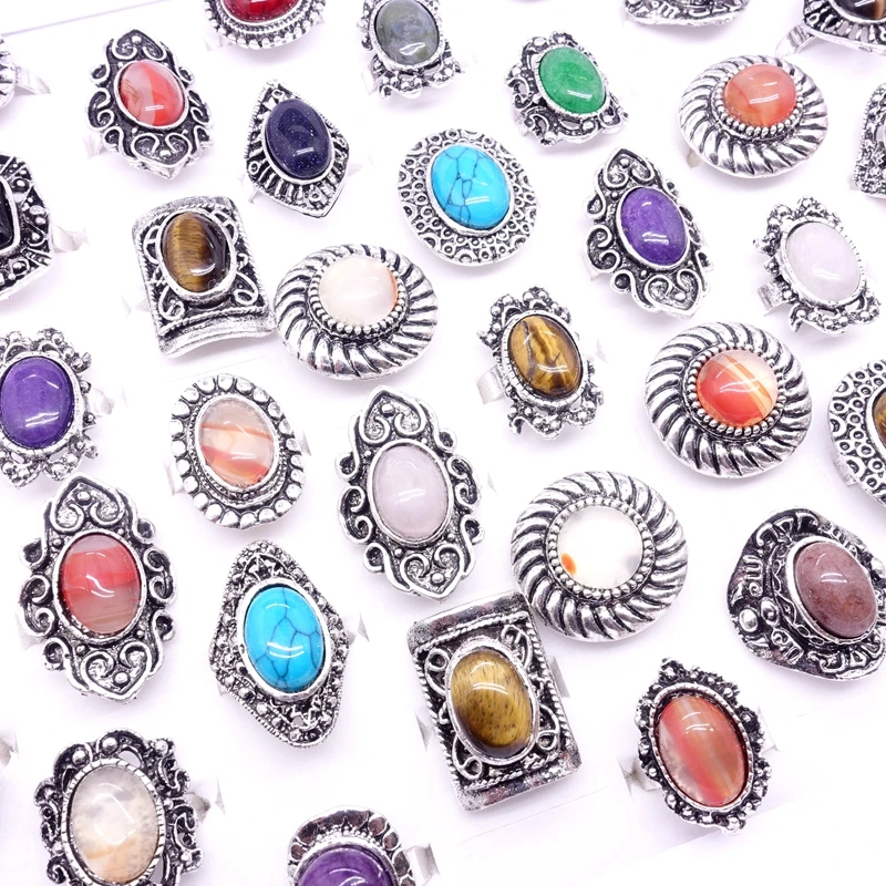 Wholesale 24pcs mixed men women's fashion promise Vintage beautiful stone alloy jewelry all finger ring set for female resizable