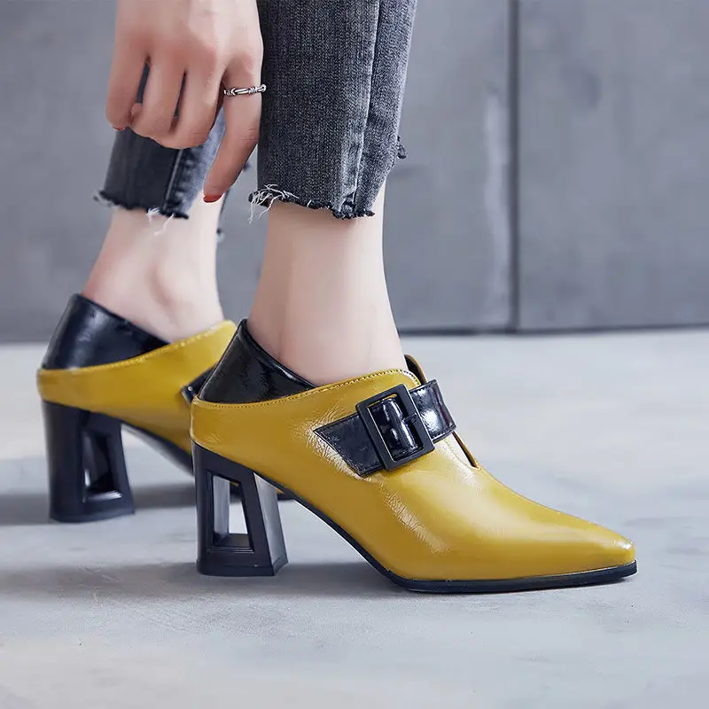 Microfiber Leather High Heels,Women Pumps,Spring Single Shoes,Pointed toe,Front Buckle Strap,Female Footware,YELLOW,Dropship