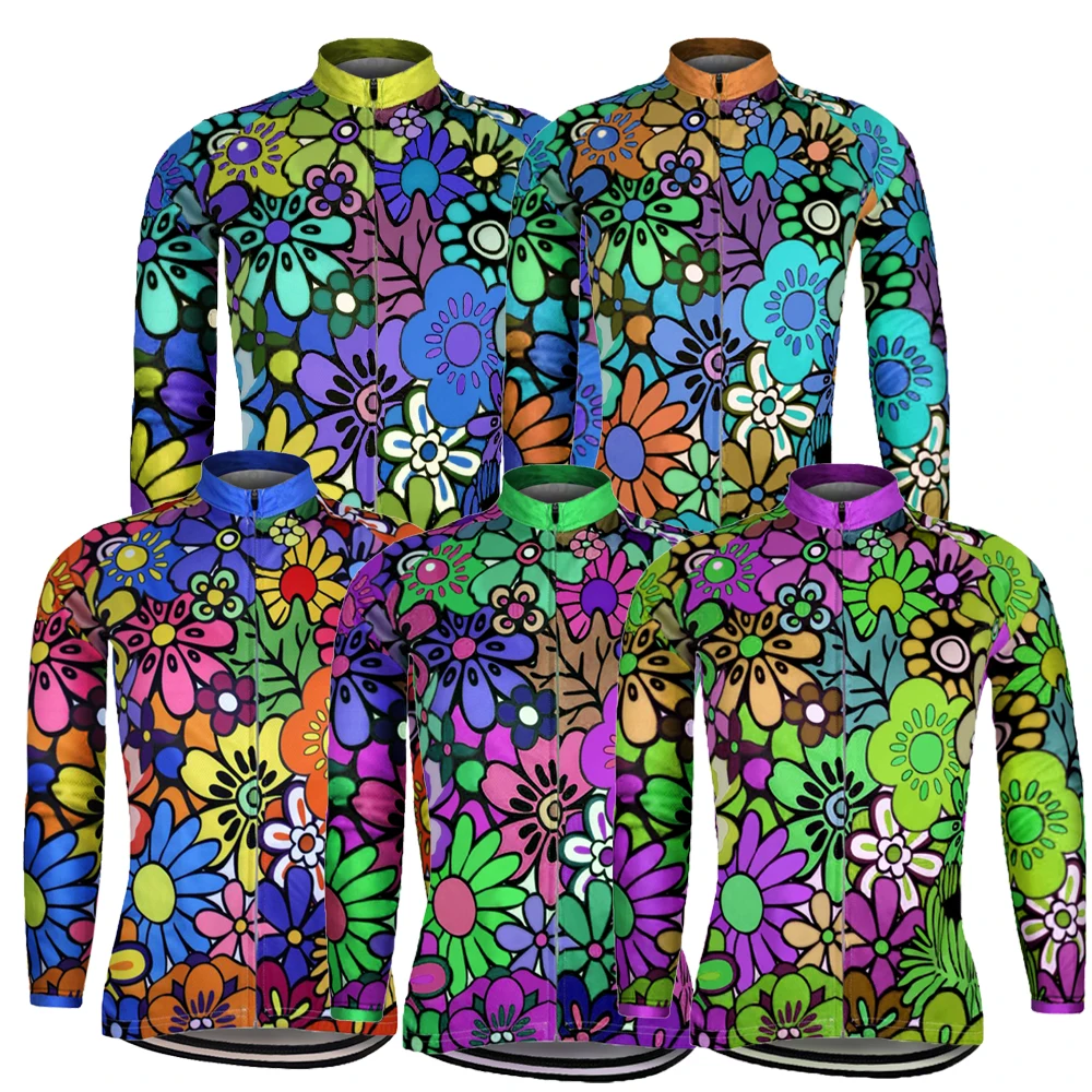 

NEW long sleeves Women winter fleece or no fleece cycling Jersey ropa ciclismo Rainbow Floral / Botanical cycling clothing MTB