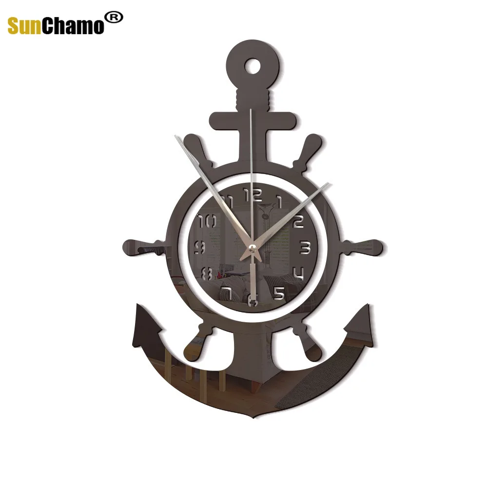 Anchor Helmsman Sailor Pirate Ship Acrylic Mirror Wall Clock Personality 3D Cross-border Mediterranean Style Decor Living Room