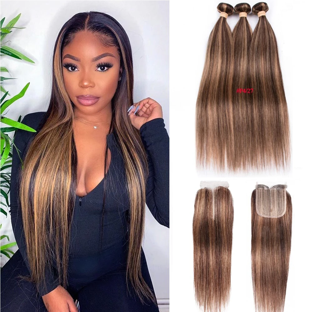 

Highlight Ombre Bundles With Closure T part Brazilian Bone Straight Bundles With Closure Brown Human Hair Bundles With Closure