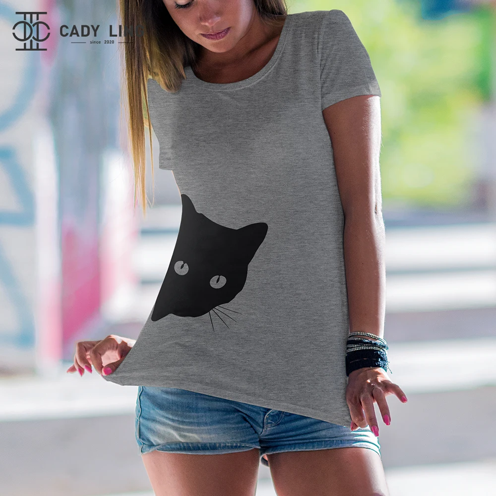 Harajuku Black T Shirt Women Tops Punk Cartoon Cat Face Letter Print Tee Shirt Femme T-shirt Casual Tee Shirt O-neck Rock Tops