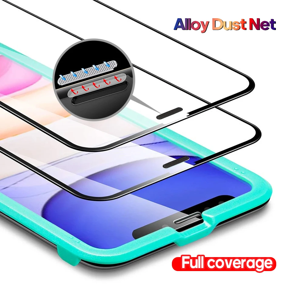 Full Coverage Tempered Glass For iPhone 11 Pro max Easy Installation Frame Dust-Proof For iPhone 13 X Xs Max Xr Screen Protector