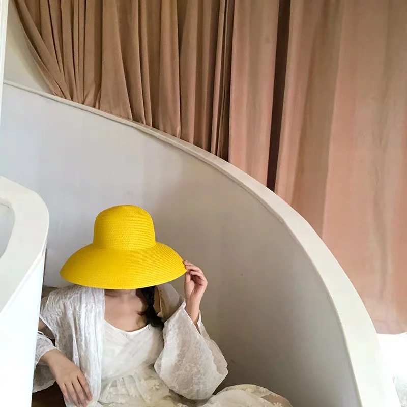 VRIGINER Hot Sale Women Yellow Straw Sun Hat Elegant Hepburn Big Wide Brim Foldable Anti-UV Beach Sun Floppy Hats Flat Caps Bob