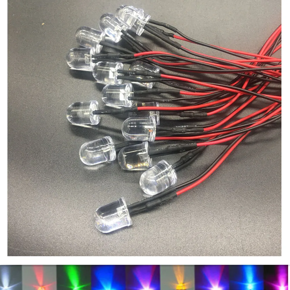 12V 10mm Pre-Wired Constant LED Ultra Bright Water Clear Bulb Cable Prewired Led Lamp