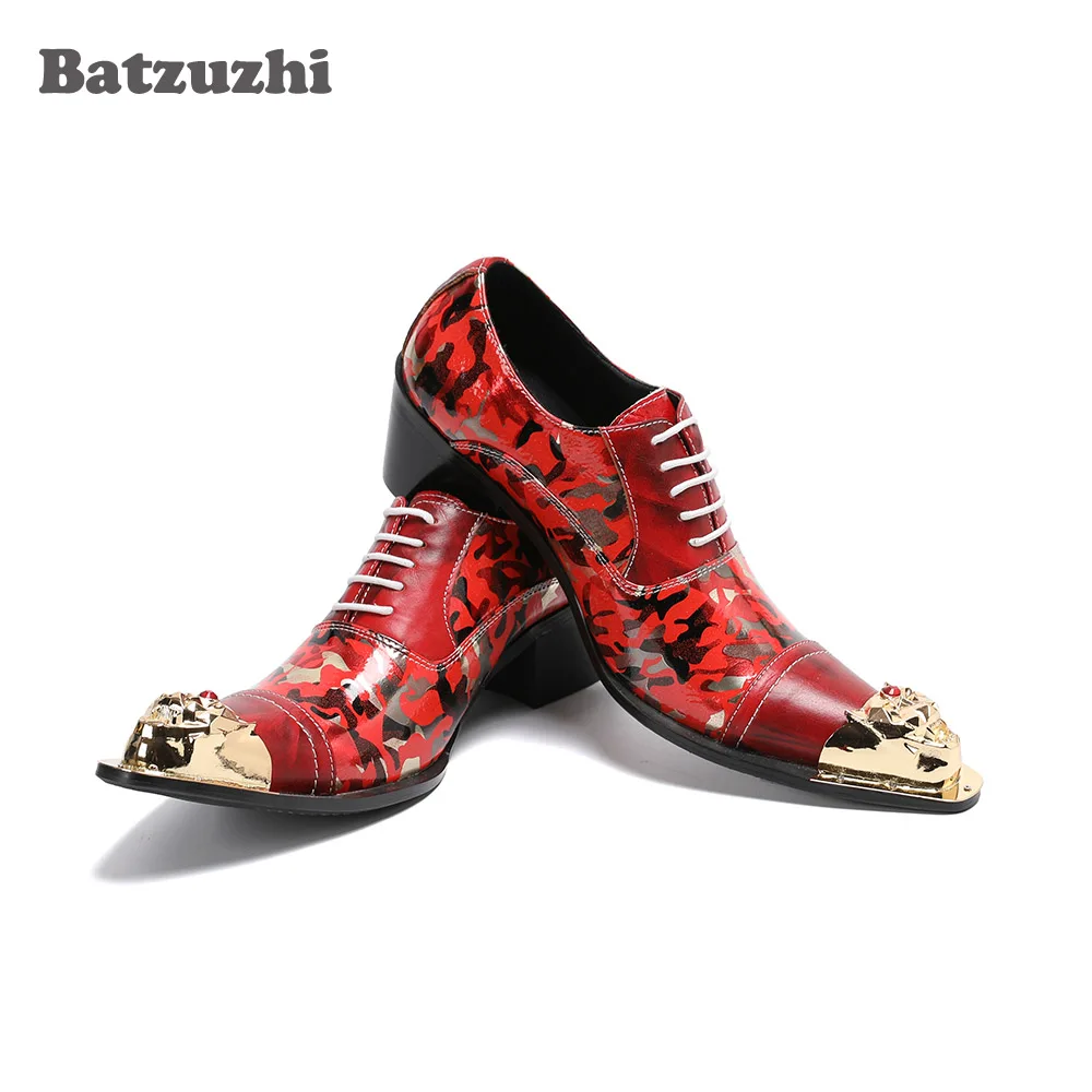 

Batzuzhi Luxury Handmade Men's Shoes Golden Iron Toe Punk Leather Dress Shoes Lace-up Red Party, Wedding Shoes Men,Big US6-US12