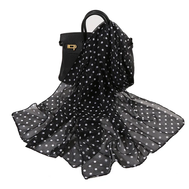 Feminino cachecol do vintage polka dot elegante senhora lenço de seda protetor solar leve bib xale primavera verão ponto onda chiffon cachecóis