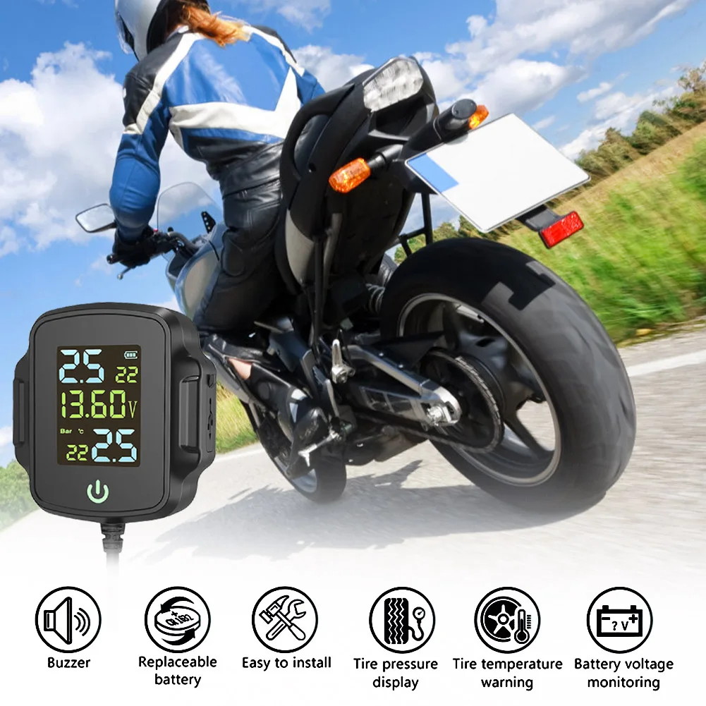 

Motorcycle TPMS Motorbike Tire Pressure Monitoring System Tyre Temperature Alarm System with QC 3.0 USB Charger for Phone Tablet