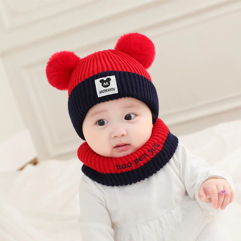 Newborn Baby Hat Scarf Set Pompom Cartoon Infant Baby Girl Boy Winter Hat For Kids Warm Knitted Children Boys Girls Beanie Cap