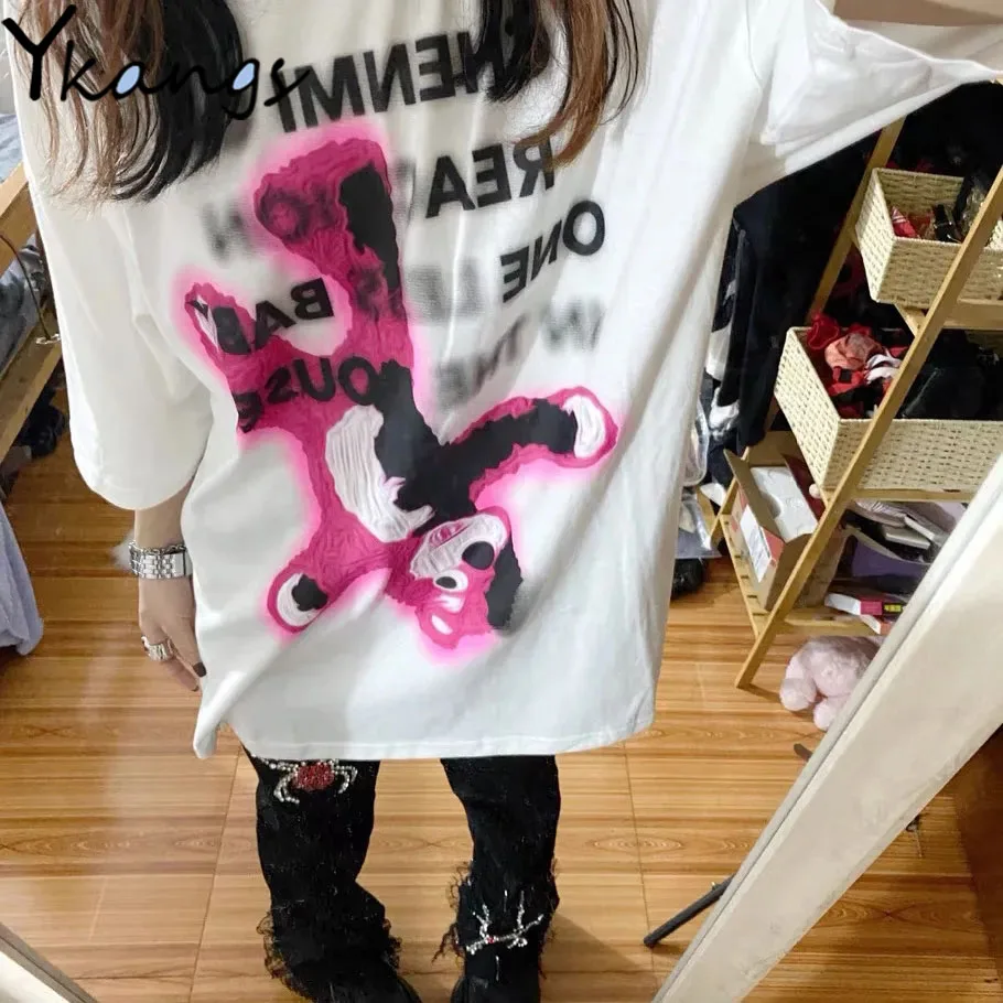 Gothic Bear Letter Graffiti Print Street Women Cotton Short Sleeve T-shirts Harajuku Hippie Baggy Korean Fashion Blouses Female