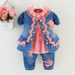 Spring Autumn Infant Toddler Baby Girl Denim Clothing Sets 3 pcs Long Sleeve T Shirt Tops Denim Jacket and Jeans Trousers