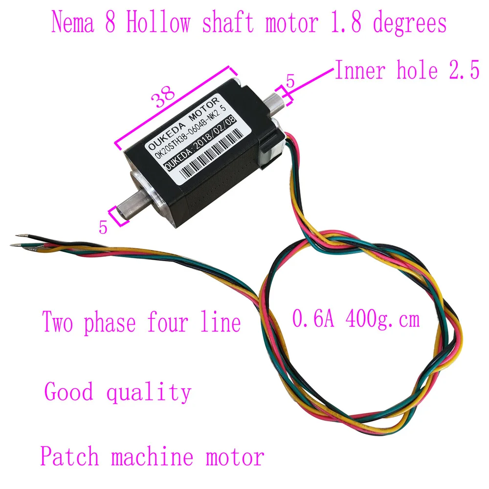 

Nema8 1.8° 0.6A 400g.cm 2-phase4-wire 20 Biaxial Stepper Motor Patch Machine Mounter Motor 20mm*38mm Hollow Shaft Stepping Motor