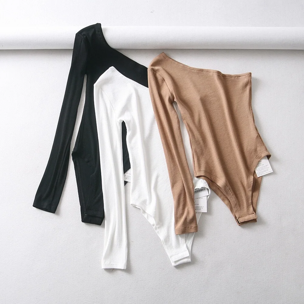 

new fashion women sexy strapless single sleeve bodysuit autumn ladies under tops cotton jumpsuit rompers