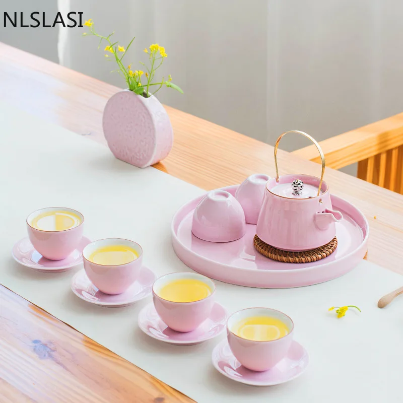 Creative Pink Celadon Tea Sets Ceramic Teapot Handmade Kettle Teacups Portable Strainer Cup Chinese Household Teaware Drinkware