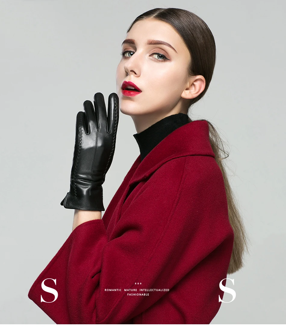 White Leather Women's Gloves, Genuine Leather, Cotton Lining Warm, Fashion Leather Gloves, Warm Winter Gloves -2226