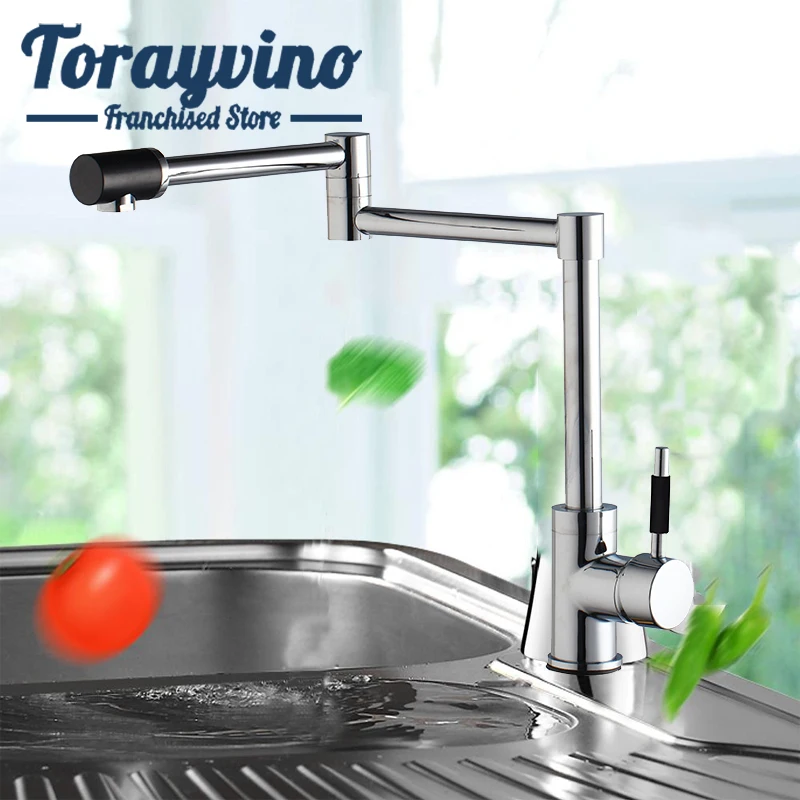 Torayvino Chrome Polished Kitchen Faucet Folding Rotation Tap Hot & Cold Washbasin Faucet Single Handle Sink Mixer Water Tap