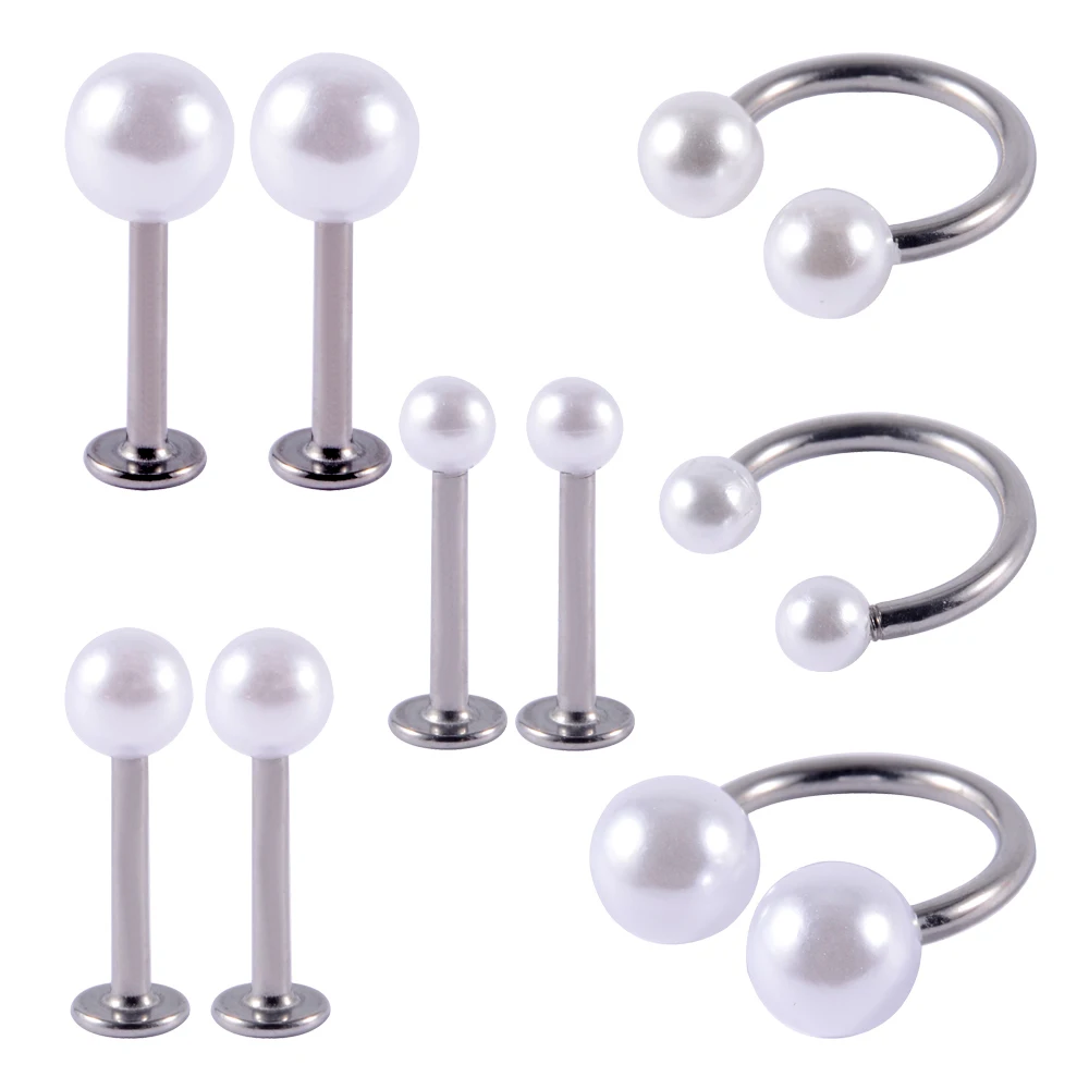 6PCS Surgical Steel&Faux Pearl Horseshoe Barbell Septum Ring Cartilage Daith Helix Tragus Earring Circular Barbell piercing 16G