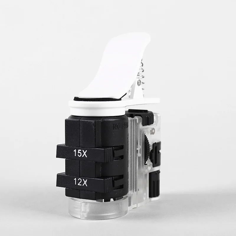 الهاتف المحمول المحمولة كليب على عدسة مكبرة مع مصباح LED مصباح الأشعة فوق البنفسجية 7X 12X 15X الجمع المجهر