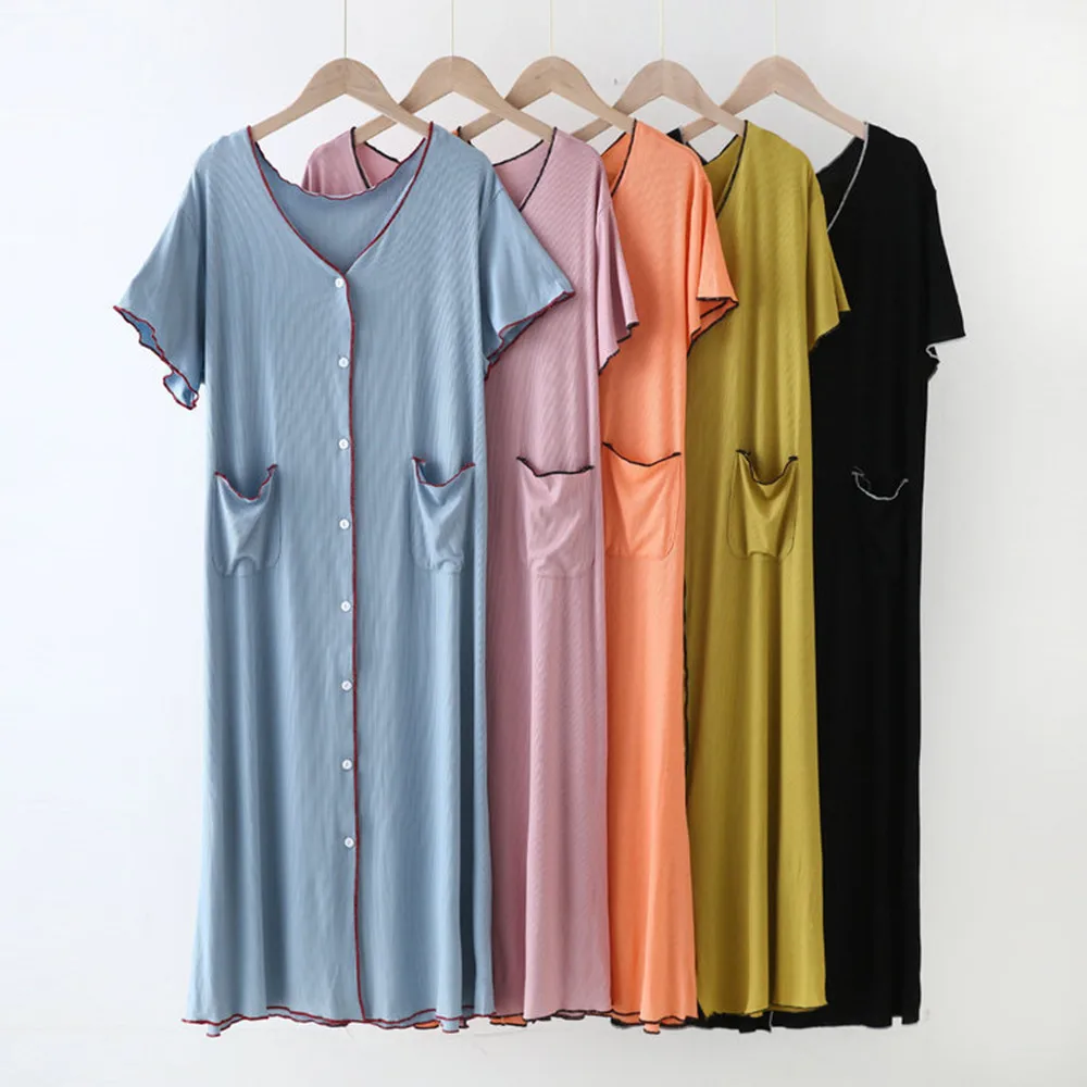 

Fdfklak Short Sleeve Nightdress Summer Cardigan Long Skirt Korean Leisure Home Wear Nightdress Sleepwear Women Nightgown