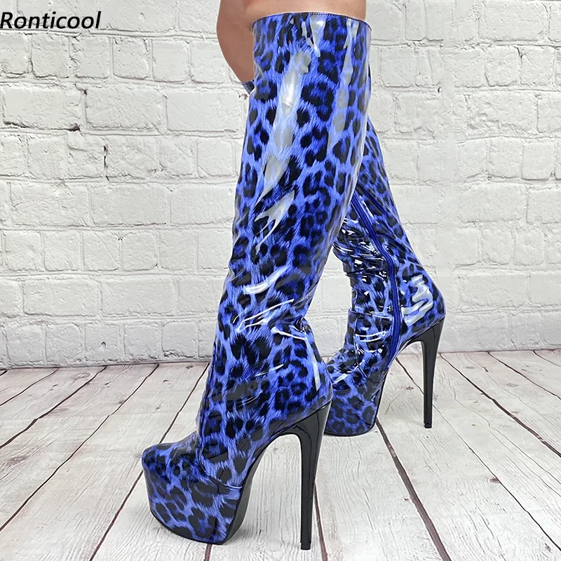 Ronticool New Women Winter Knee Boots Patent Stiletto Heels Round Toe Blue Brown Red Light Pink Grey Leopard Shoes US Size 5-20